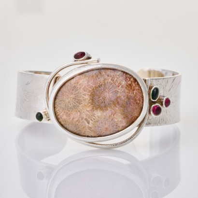 Christine Hafermalz-Wheeler, Sterling Silver / Fossilised Coral / Tourmaline Bangle