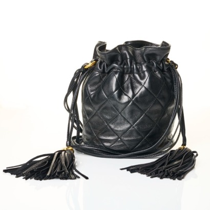 Chanel, Mini, Black Lambskin Drawstring Tassel Bucket Bag