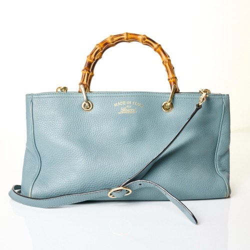 Gucci, Blue Leather Bamboo Top Handle Tote Bag