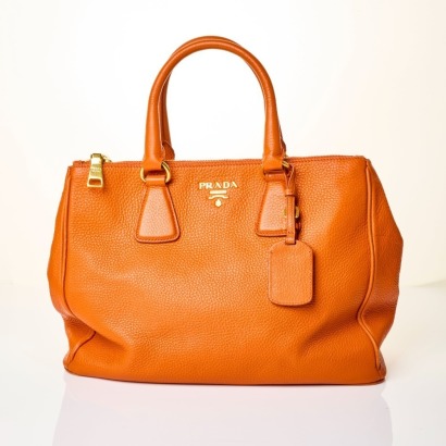 Prada, Orange Pebbled Leather Galleria Tote Bag, Size M
