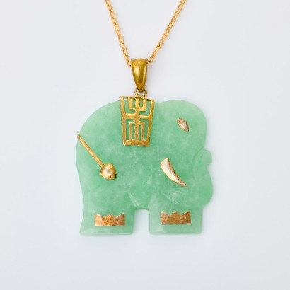 Jade Elephant Pendant (Gold Plated Bale and Accents) on 9ct Yellow Gold 44cm Chain