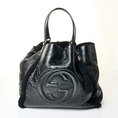 Gucci, Cellarious Wool Shearling / Black Patent Leather Tote Bag