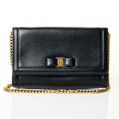 Salvatore Ferragamo, Black Leather Vera Bow Crossbody Bag