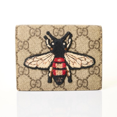 Gucci, Beige / Ebony GG Supreme Bee Embroidered Bifold Wallet