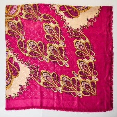 Louis Vuitton, 60% Silk / 40% Wool, Purple / Beige Monogram and Paisley Shawl with Box