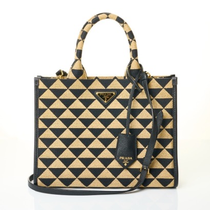 Prada, Black / Tan Jacquard Triangolo Symbole Tote Bag