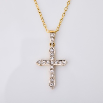 9ct Yellow Gold, 0.25ct Diamond Cross Pendant on 50cm Plated Chain