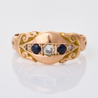 9ct Rose Gold, Vintage, Round Sapphire / .16ct Diamond Ring