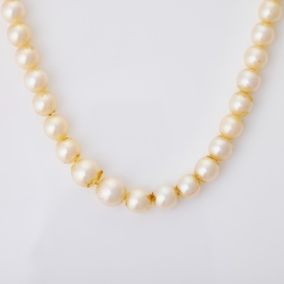 Single Strand, 80cm Graduated Cultured Pearl Necklace with 9ct Yellow Gold Garnet Clasp
