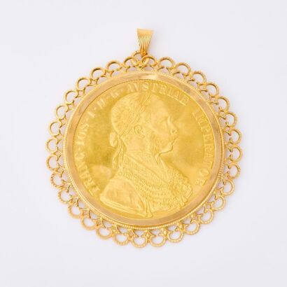 18ct / 23ct Yellow Gold, Mounted 1915 Austrian 4 Ducat Coin Pendant