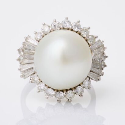 Platinum, 14.40mm Pearl / 1.12ct Diamond Ring