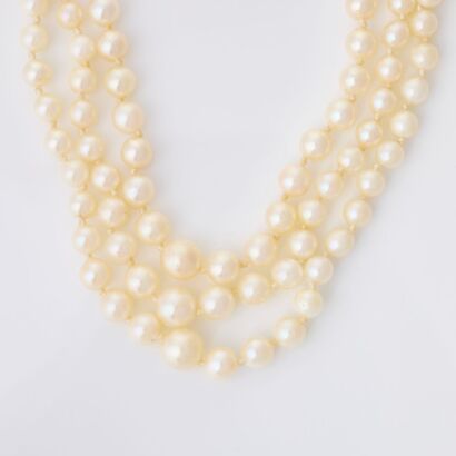 Three Strand, 50cm Graduated Cultured Pearl Necklace with 9ct Yellow Gold Clasp