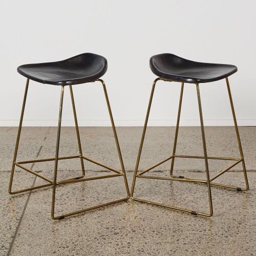 A Pair of Black Leather Barstools with Gold Metal Base A/f