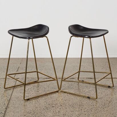 A Pair of Black Leather Barstools with Gold Metal Base A/f