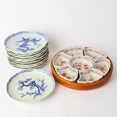 A Group of Ten Japanese Meiji Period Blue and White Barbed-Rim Bowls, An Arita 'Flower and Bird' Dish & A Chinese Blue and White Fruit Plate