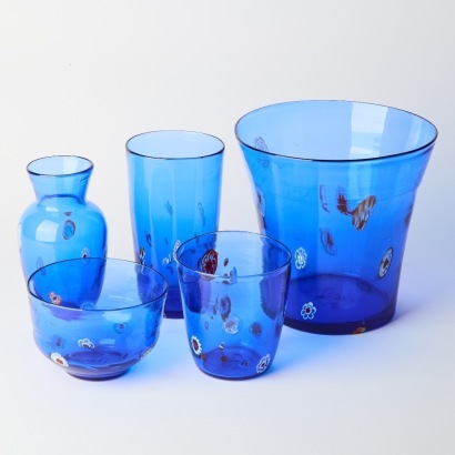 A Collection of Five Blue Millefiori Glass Pieces