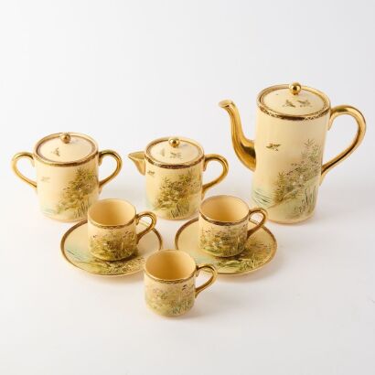 A Japanese Mid-20th Century Satsuma &lsquo;Bird and Flower&rsquo; Tea Set of Eight Pieces