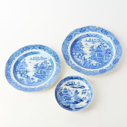 A Set of Two English 18th Century Blue and White Chinese-style &lsquo;Landscape&rsquo; Dishes and A Small Blue and White &lsquo;Landscape&rsquo; Dish