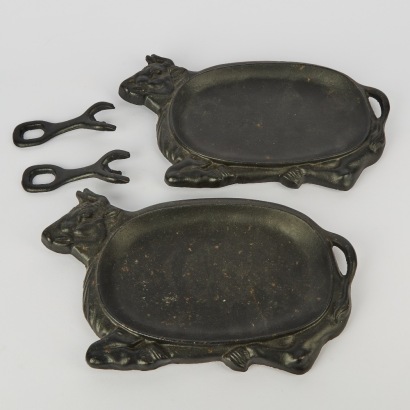Two Vintage Cast Iron Bull Sizzler Platters