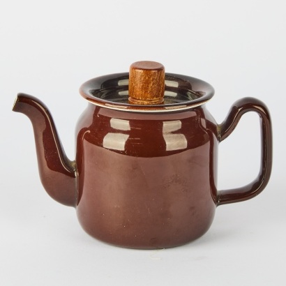 A Mid-Century Honey Your Life Dark Brown Enamel Coffee Pot