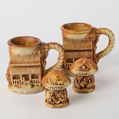 A Pair of Aussie Cottage Pattern Cups with Salt Jar