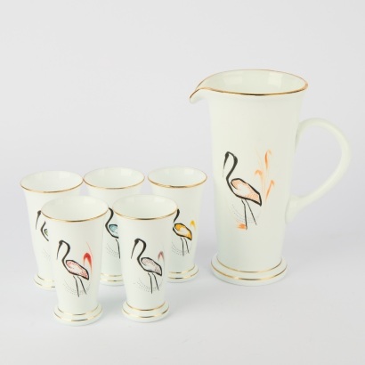 A Vintage Opaline Glass Lemonade Pitcher and Five Tumblers