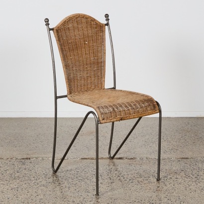 A Frederick Weinberg Attributed Wicker and Bent Iron Bistro Chair with Hairpin Legs and ball finials
