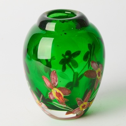 A Murano Solid Green Cased Vase with Flowers