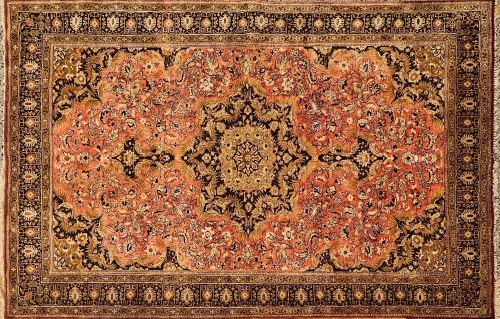 A Semi-Antique Silk Qum Persian Rug Coral and Khaki