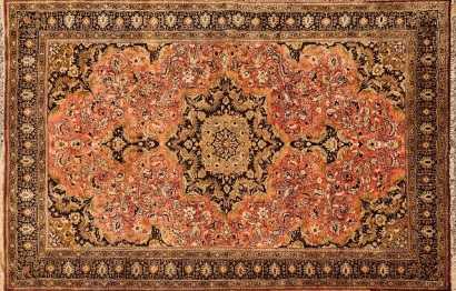 A Semi-Antique Silk Qum Persian Rug Coral and Khaki
