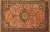 A Semi-Antique Silk Qum Persian Rug Coral and Khaki