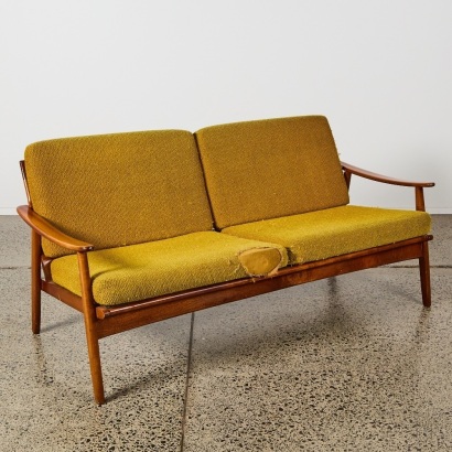 A Parker Teak Two Seater Lounge With Burnt Orange Upholstery