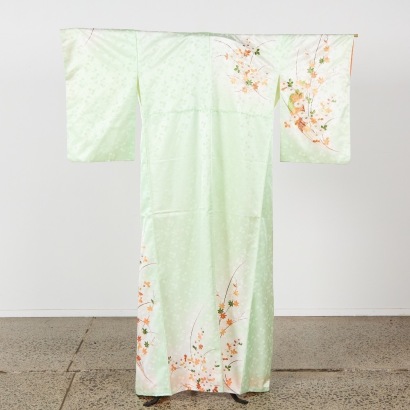 A Vintage Kimono with Floral Design in Melon Green