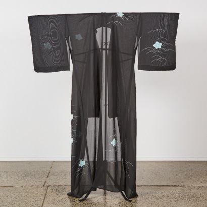 A Black Vintage Kimono with Blue Floral Design