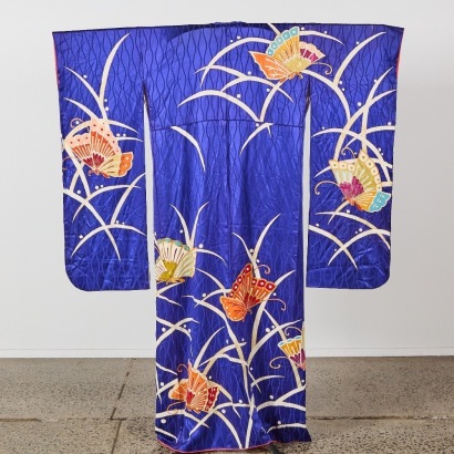 A Blue Vintage Kimono with Butterfly Design