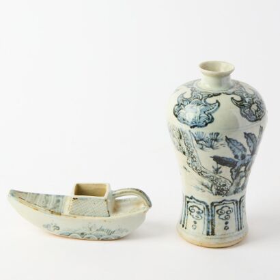 A Chinese Blue and White &lsquo;Figural&rsquo; Meiping Vase and A Chinese Blue and White Boat-form Ornament