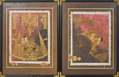 A pair of Karel Burrows mixed media works on handmade paper, 'Golden Kimono' and 'Golden Fan Kimono XXVI'.