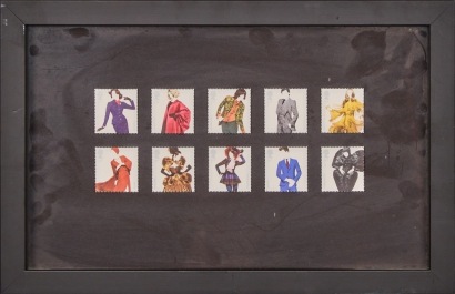 A Collection of Framed Fashion Designers Stamps