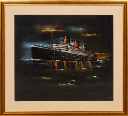 An Oil on Velvet Painting of the Queen Mary, c. 1940s