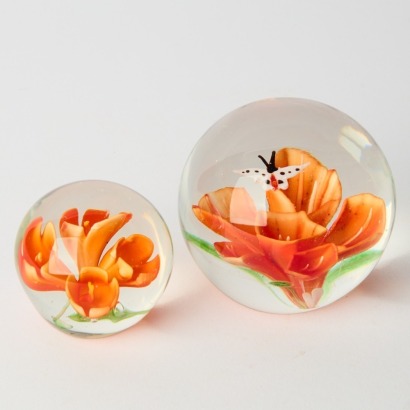 A Murano Glass Flower and Butterfly Paperweight Set