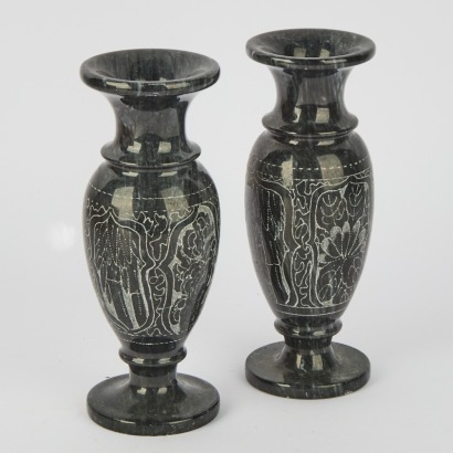 A Pair of Polished Black Marble Vases with Hand-Etched Motif