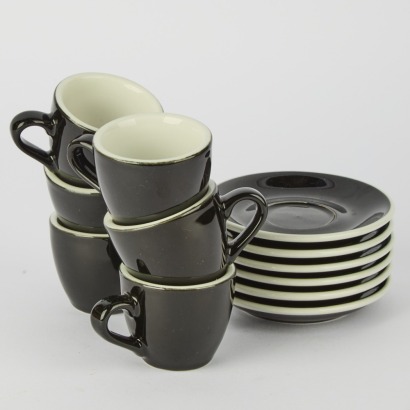 A set of six Black Acme Espresso Cups and Saucers