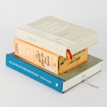 A collection of three International Foodie Books Where Chefs Eat, Truth Love and Clean Cutlery and The Clatter of Forks and Spoons