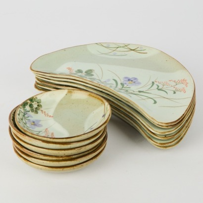 A Vintage Set of Six Handmade Ceramic Sushi Dishes with Dipping Bowls