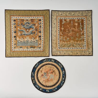 A Set of Three Chinese 19th Century Qing Dynasty Embroidered Panels