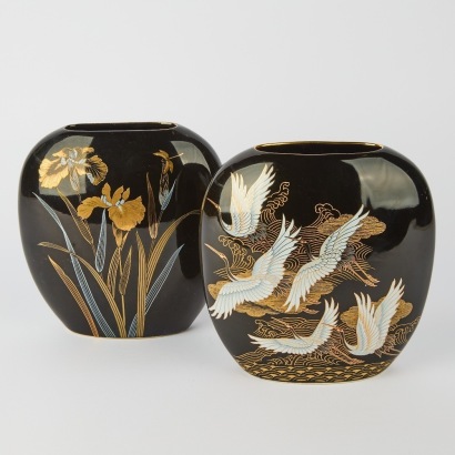 A Pair of Japanese Decorative Black Ceramic Vases By Shibata c.1960s