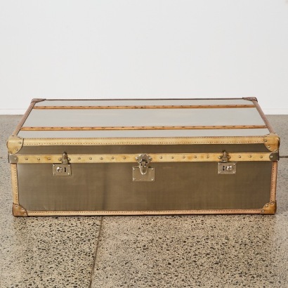A Halo Timothy Oulton Trunk in Brushed Steel with Brown Leather Trim