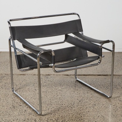 A Black Genuine Leather Wassily Style Chair