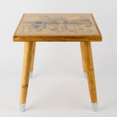 A Mid-Century Tile Top Table with Tiles Depicting An African Village Scene
