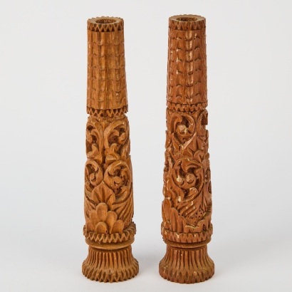 A Set of Two Wooden Engraved Candleholders